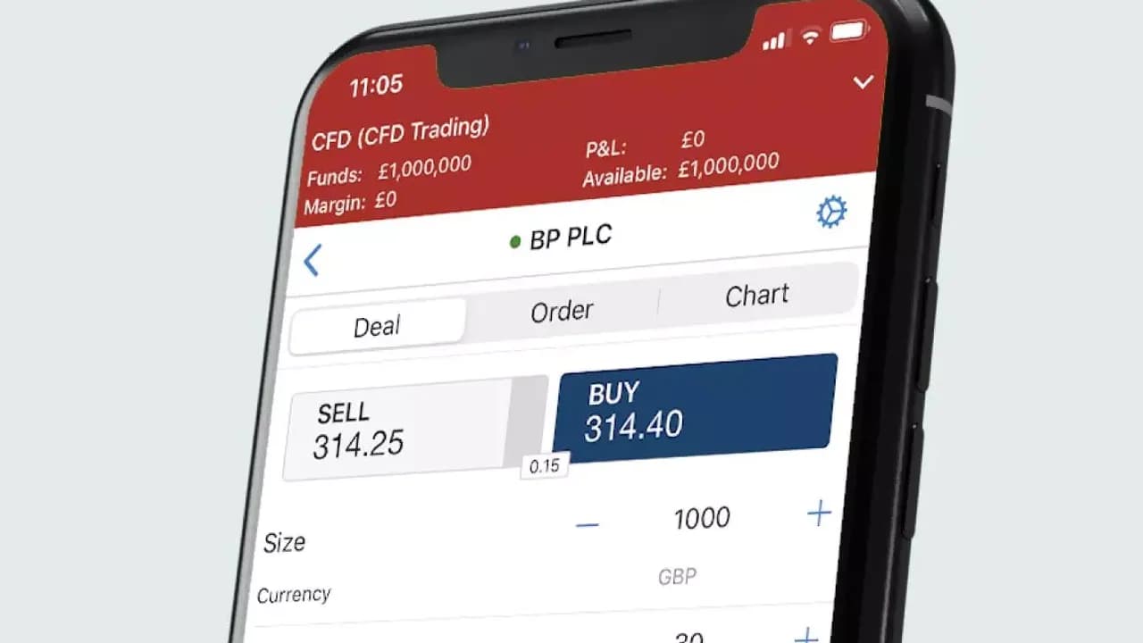 Smartphone screen displaying a trading app interface for BP PLC with buy and sell options and financial details.