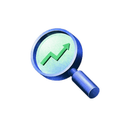 Blue magnifying glass with a green upward trending arrow inside, symbolizing growth or analysis.